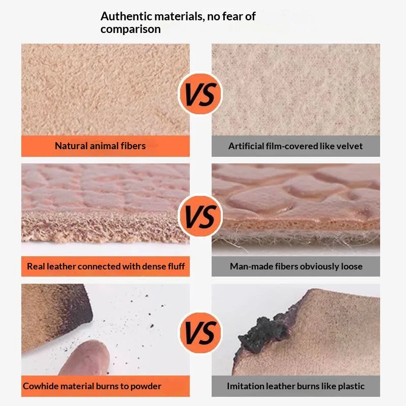 Comparison of natural animal fibers, artificial film-covered velvet, real leather, and imitation leather.