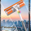 An orange and white double-sided window cleaning tool with a squeegee head and extension handle against a city skyline.
