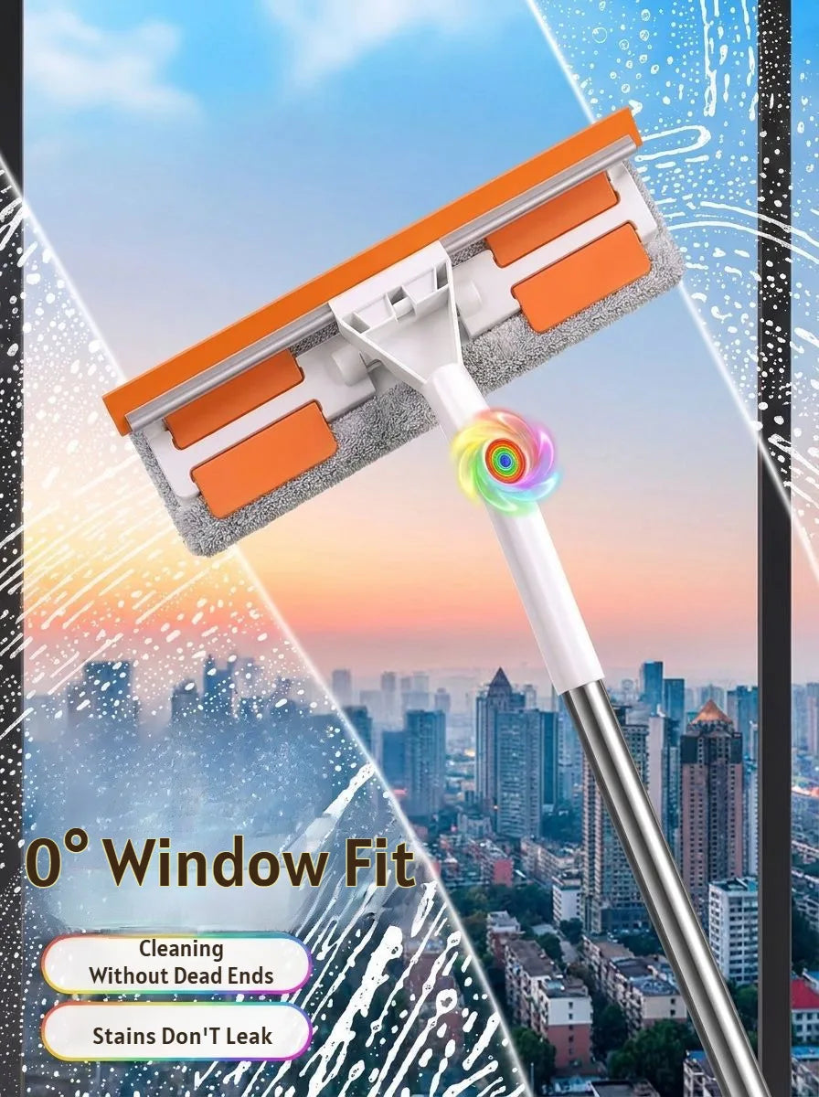 An orange and white double-sided window cleaning tool with a squeegee head and extension handle against a city skyline.
