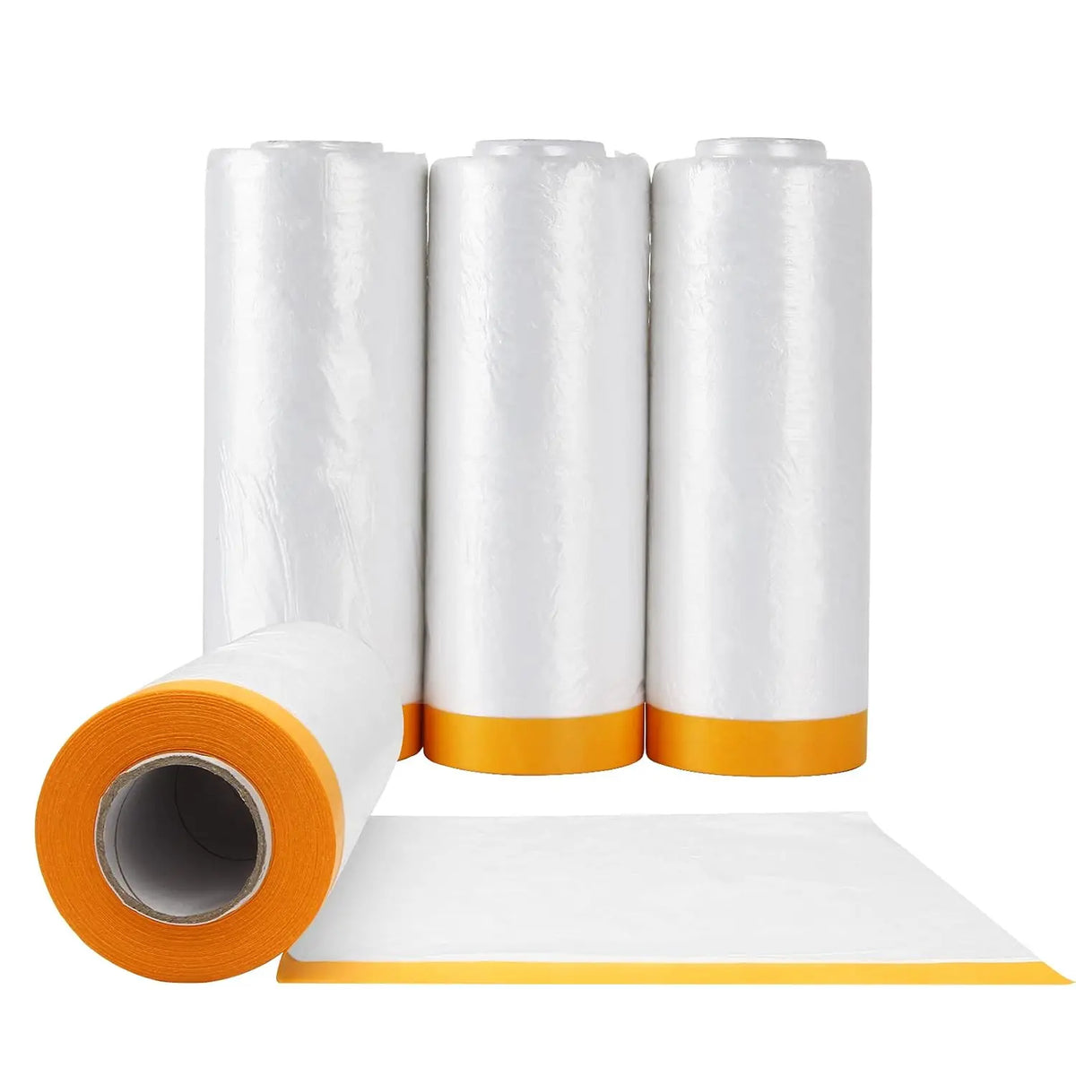 Three rolls of white static-cling clear plastic sheeting for painting and protection with orange accents.