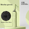 A light green folding umbrella with a black sun shield and double fiber bone structure.