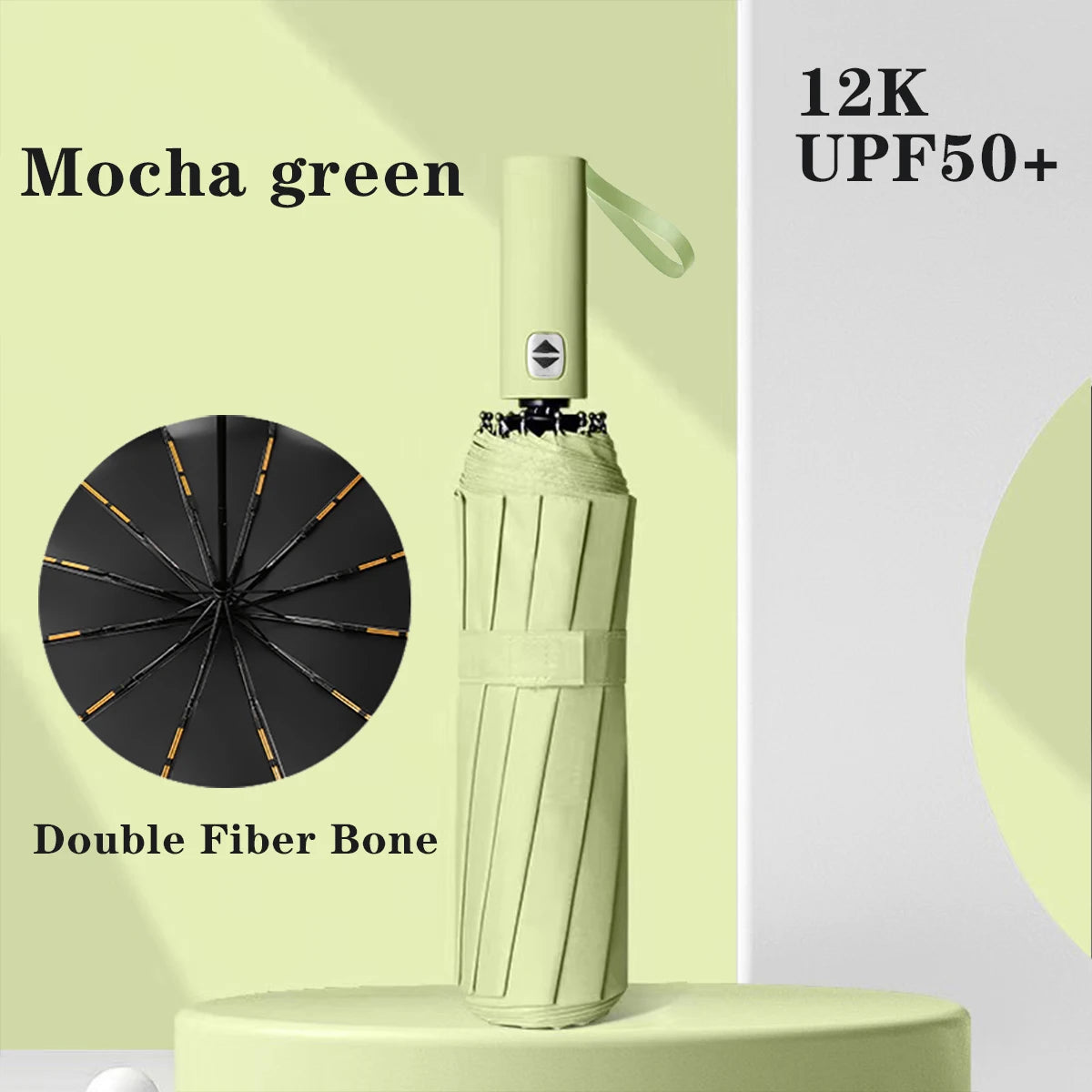 A light green folding umbrella with a black sun shield and double fiber bone structure.