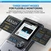 A hand holds an FNIIRST three-in-one electromagnetic radiation detector displaying real-time monitoring data.