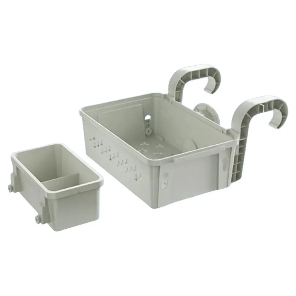 A gray poolside hanging storage basket with a lid and handles.