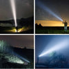 Three images showing a rechargeable LED flashlight with adjustable zoom illuminating the night sky, landscape, and fog.