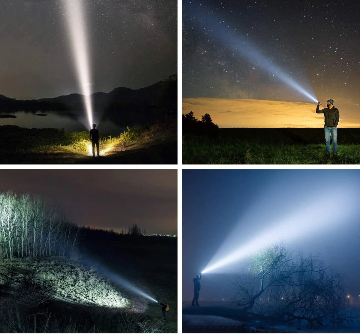 Three images showing a rechargeable LED flashlight with adjustable zoom illuminating the night sky, landscape, and fog.