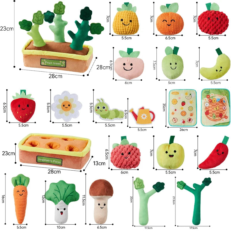 A collection of Montessori pulling carrot toys in various shapes, colors, and sizes for fine motor skill development.