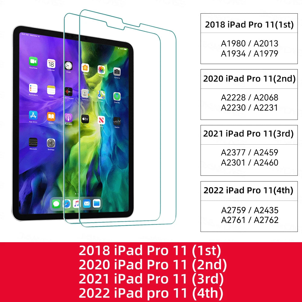 A set of tempered glass screen protectors for various iPad models, including 2018 to 2022 versions.