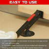 A black door lift tool with a red mark and rubber pad is shown being used to level a door panel.