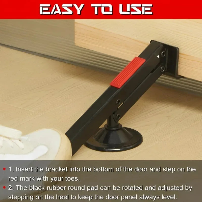 A black door lift tool with a red mark and rubber pad is shown being used to level a door panel.