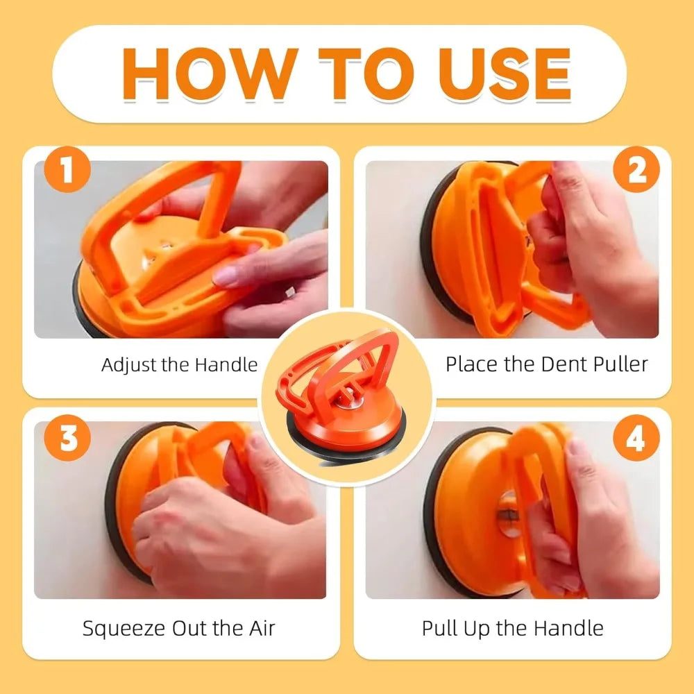 Step-by-step instructions showing how to use a heavy-duty suction cup dent puller for car body repair