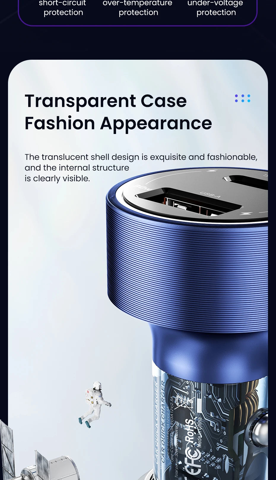 60W USB-C Car Charger with Built-In Spring Cable