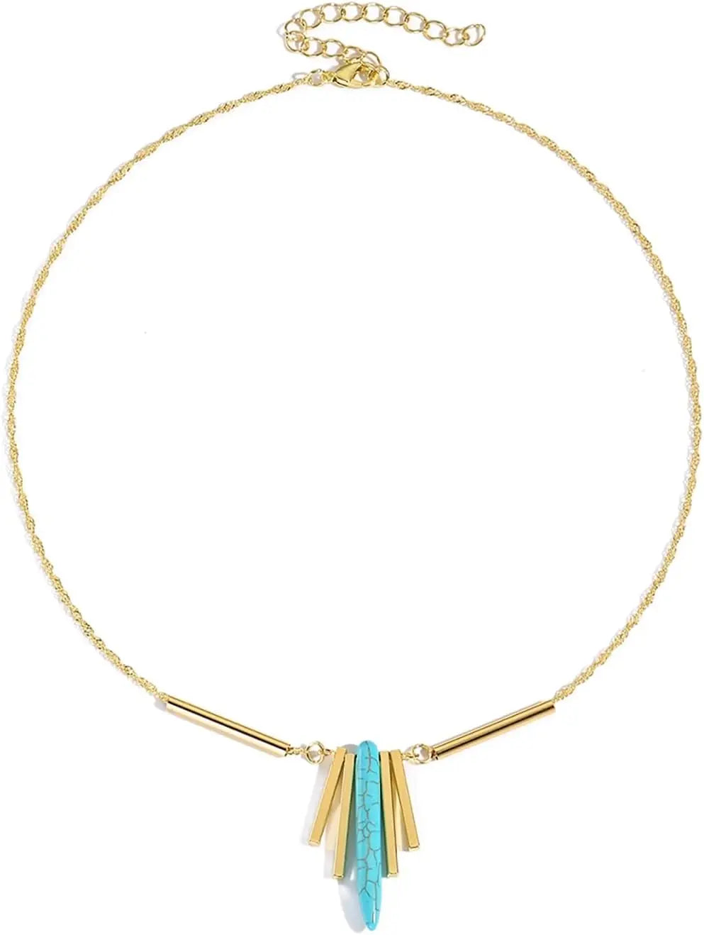 A gold chain necklace featuring a turquoise pendant and gold accents.
