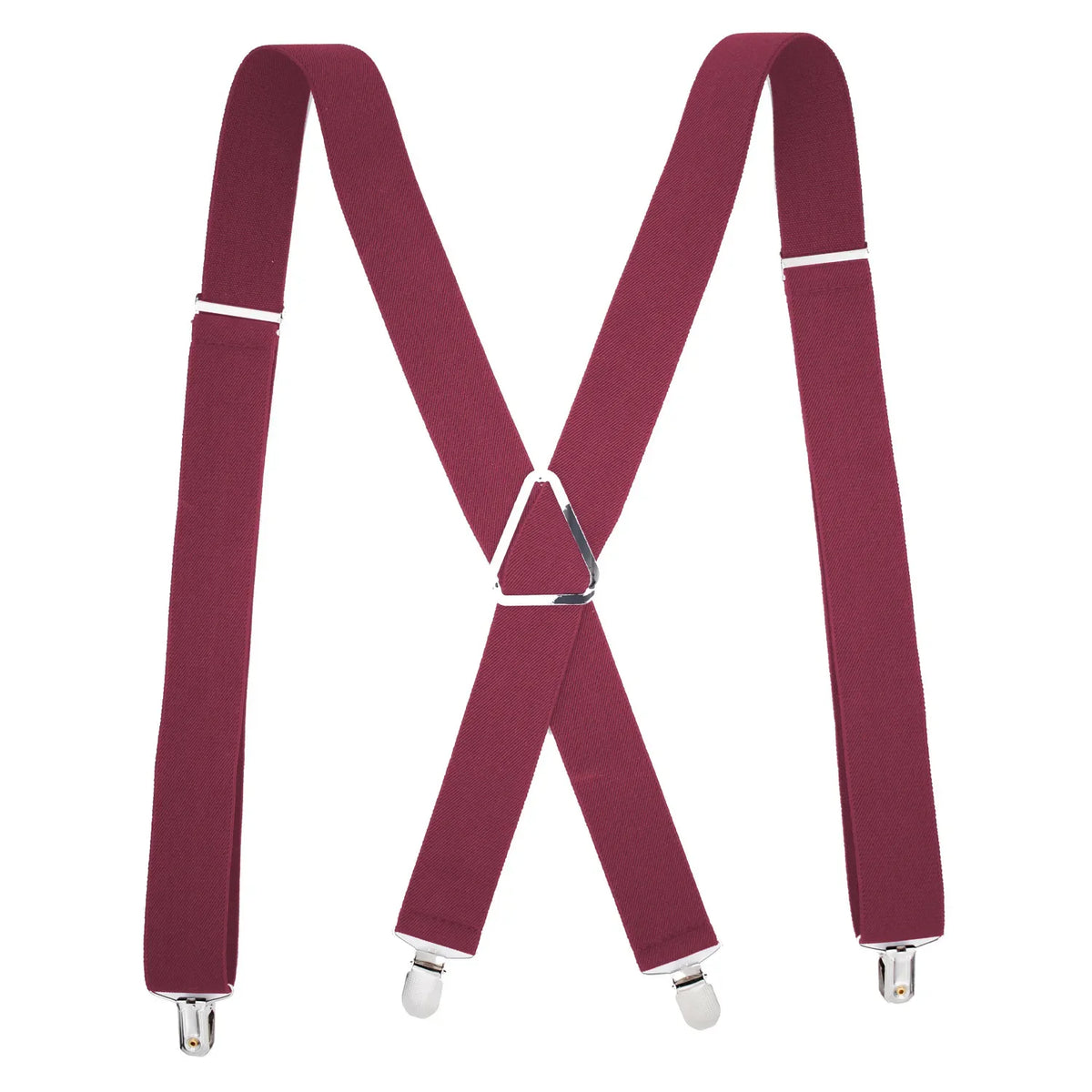 A pair of maroon X-back adjustable suspenders with metal clips.