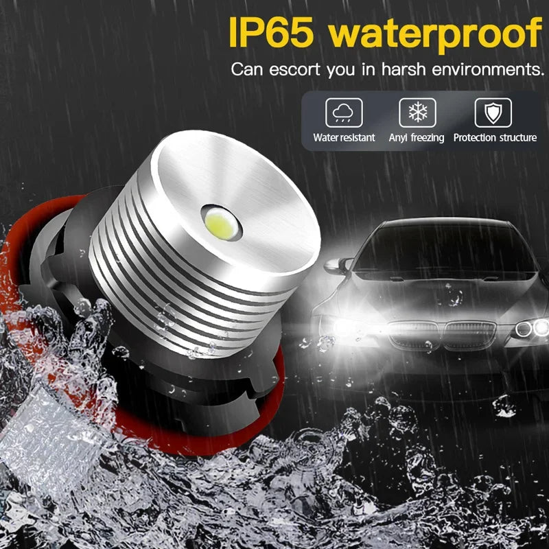 Close-up of an IP65 waterproof LED angel eyes marker light bulb being installed, with water splashing and a car in the backgr