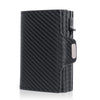 Black woven leather card holder wallet with a pop-up feature.