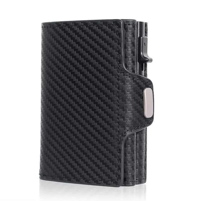 Black woven leather card holder wallet with a pop-up feature.