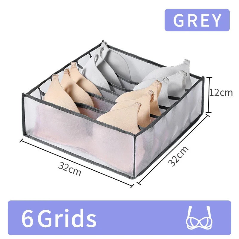 Grey foldable closet organizer box with six grids for storing underwear, socks, and accessories