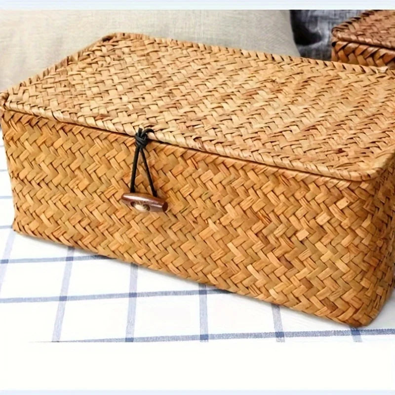 A rectangular woven rattan storage basket with a lid, made of natural light brown material, resting on a white checkered surf