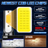 A yellow LED chip is shown next to a flashlight, highlighting its features like high brightness and spotlight performance.