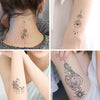 Colección de tatuajes temporales con diseños de luna, estrella, diablo y flor en el brazo y cuello de una persona.