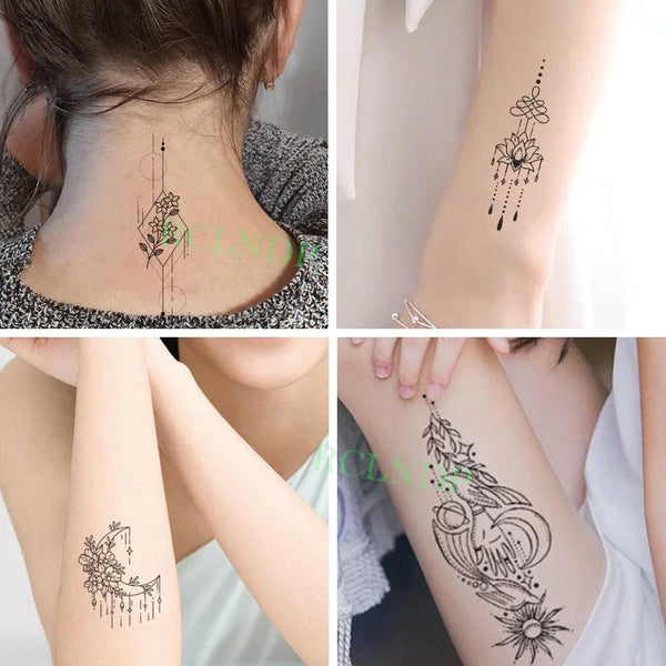 A collection of temporary tattoos featuring moon, star, devil, and flower designs on a person's arm and neck.