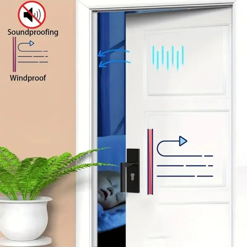 A white door frame shows a self-adhesive D-shape weather stripping seal installed on the door for soundproofing and windproof