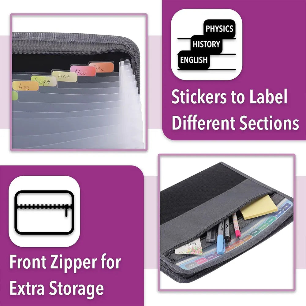Expandable A4 Document Organizer with 13 Accordion Pockets