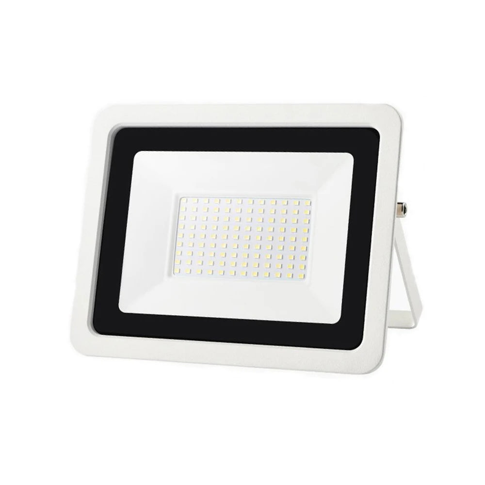 A rectangular white LED flood light with a black bezel and a silver mounting bracket.
