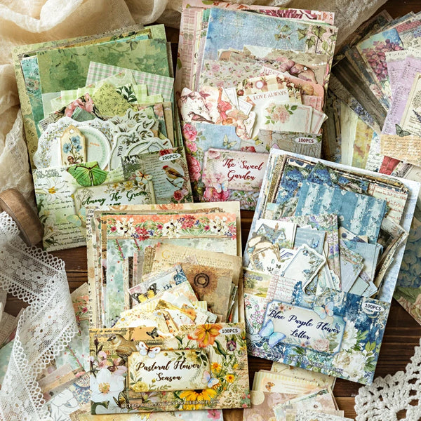 A collection of vintage garden decorative paper packs featuring floral and nature themes.