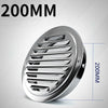 Stainless steel round ventilation grille with a 200mm dimension marker.