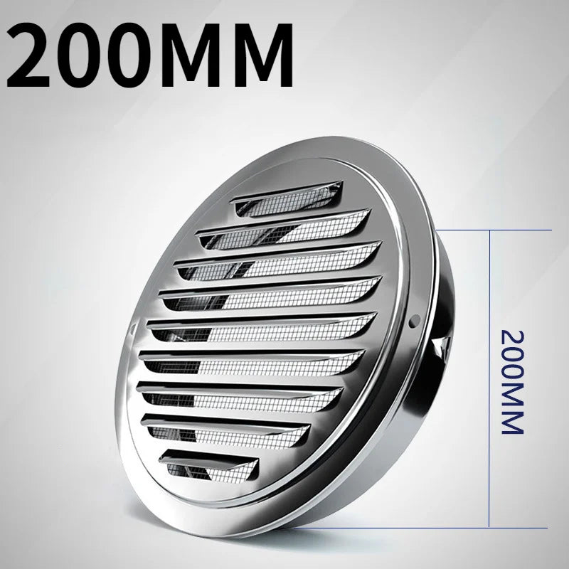 Stainless steel round ventilation grille with a 200mm dimension marker.