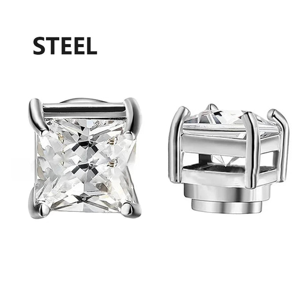 Silver magnetic stud earrings with a clear diamond-cut stone and a polished metal post.