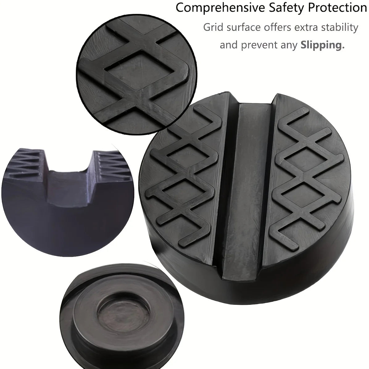 A set of black rubber jack pads designed to provide comprehensive safety protection for floor jacks.