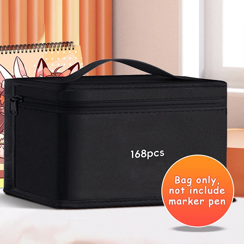 Black canvas pencil bag containing 168 markers and pens