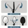 A black rearview mirror with a rotating mount demonstrating 180 degree rotation and 360 degree horizontal rotation.