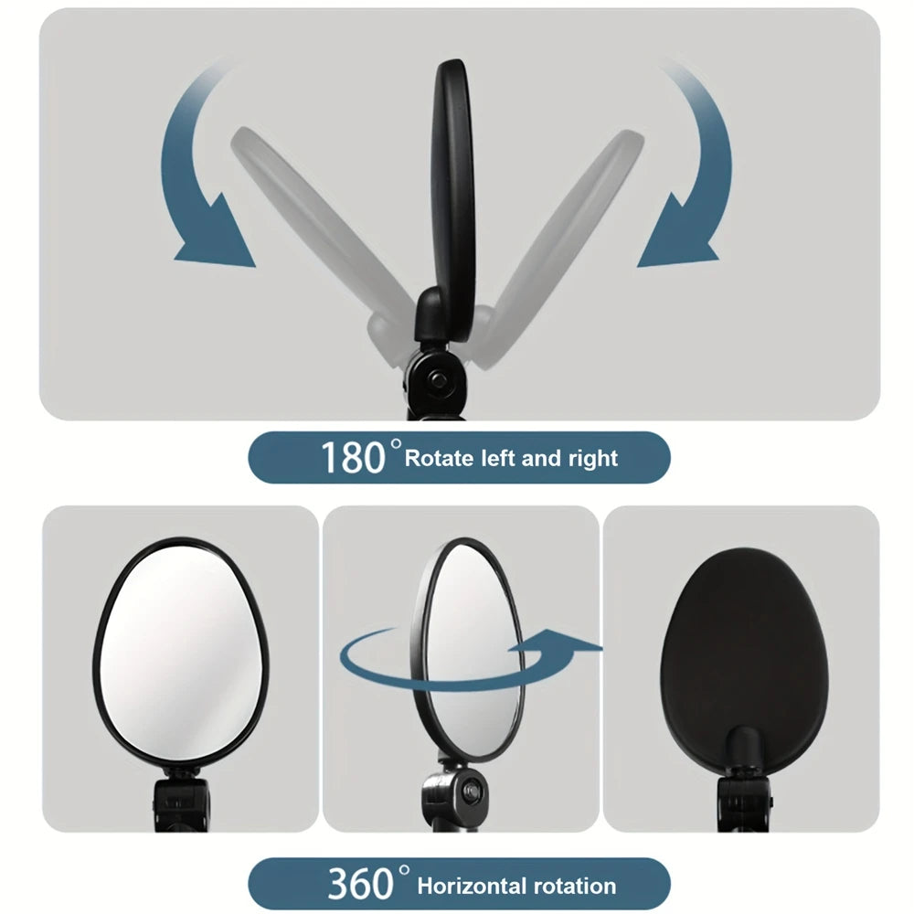 A black rearview mirror with a rotating mount demonstrating 180 degree rotation and 360 degree horizontal rotation.