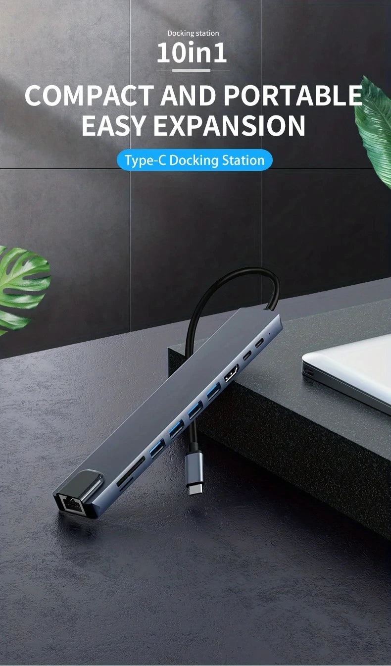 10-in-1 USB-C Hub with 4K HDMI, Ethernet, and 100W PD