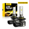 Two LED fog light bulbs with silver housings are shown next to their packaging box.