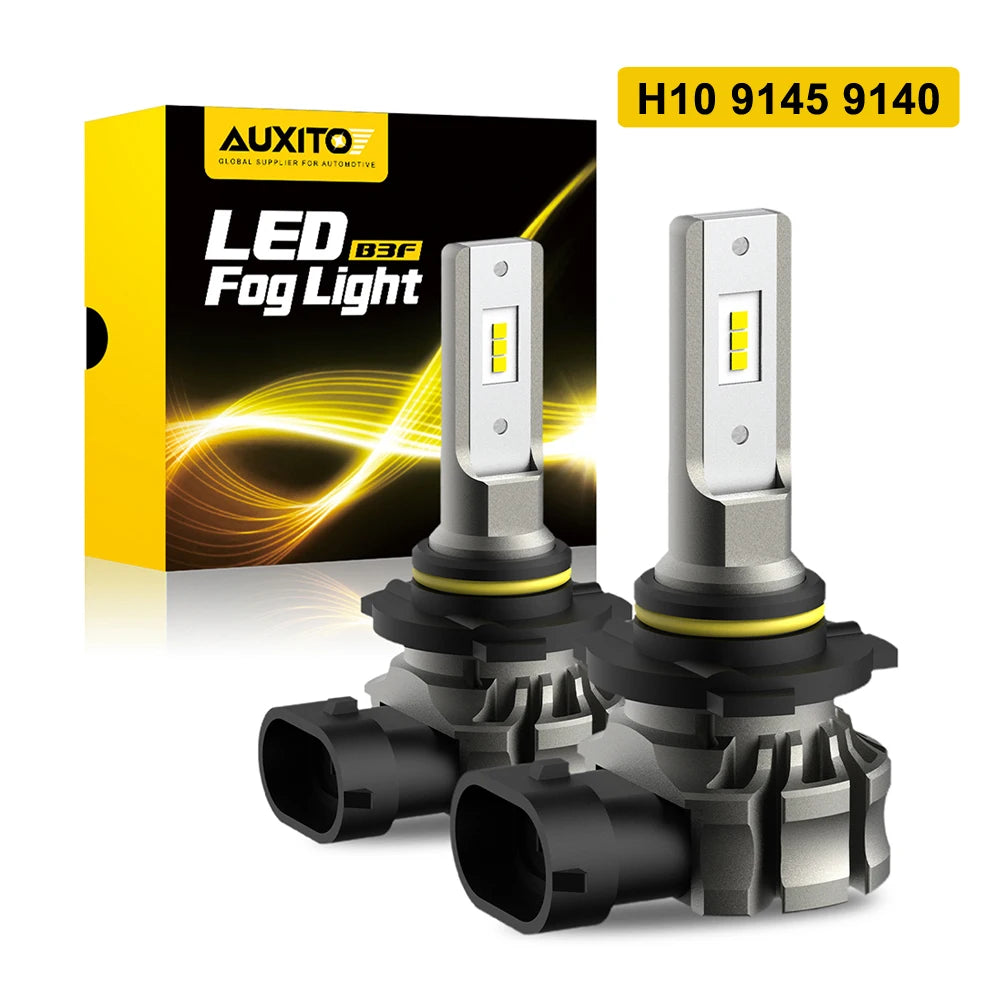 Two LED fog light bulbs with silver housings are shown next to their packaging box.