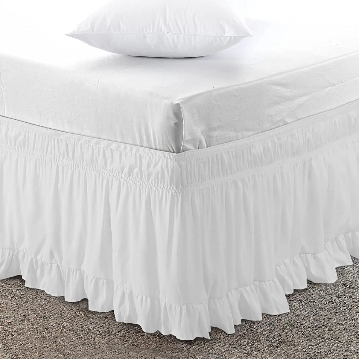 White ruffled elastic bed skirt for queen and king beds