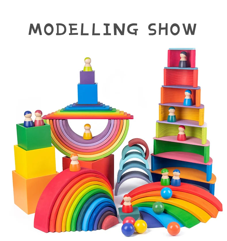 A colourful wooden rainbow stacking block set featuring various colored blocks and arches for creative building.