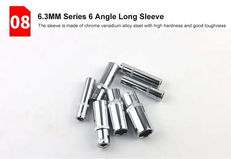A collection of chrome vanadium alloy steel sleeves for auto repair tools.