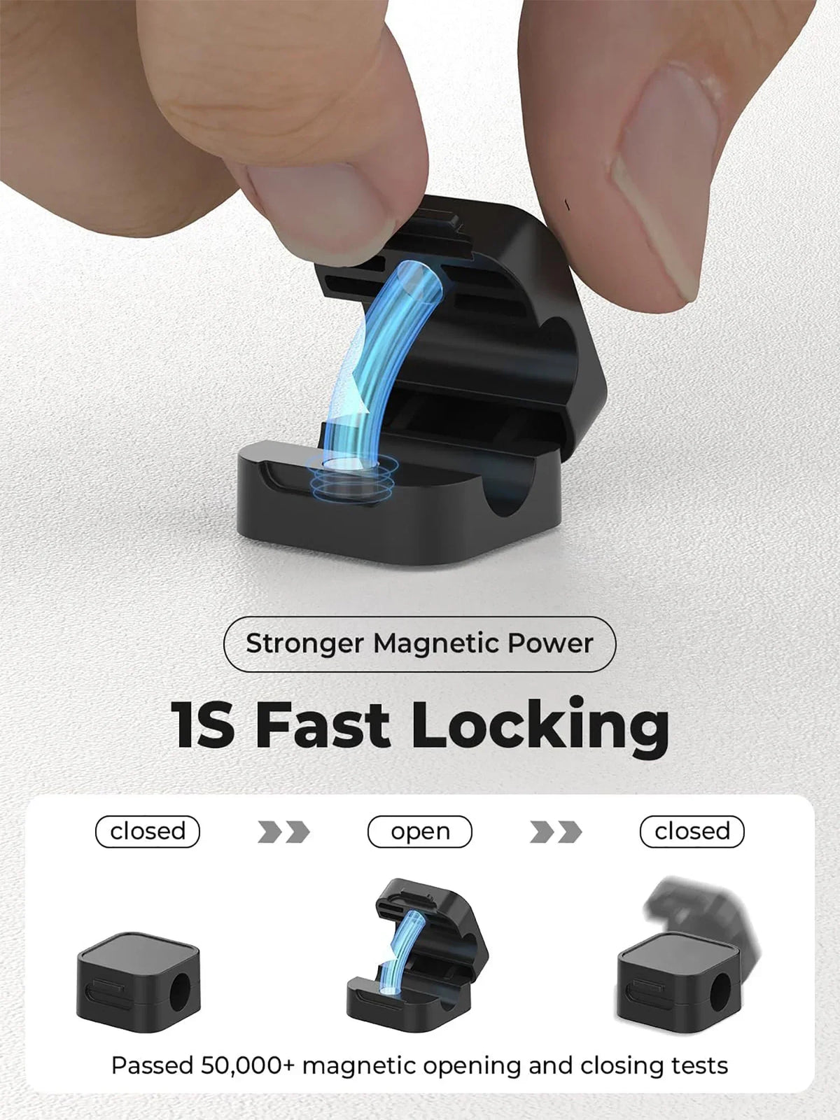 A hand is shown pressing a black magnetic cable clip with a blue silicone tip, demonstrating its fast locking mechanism.