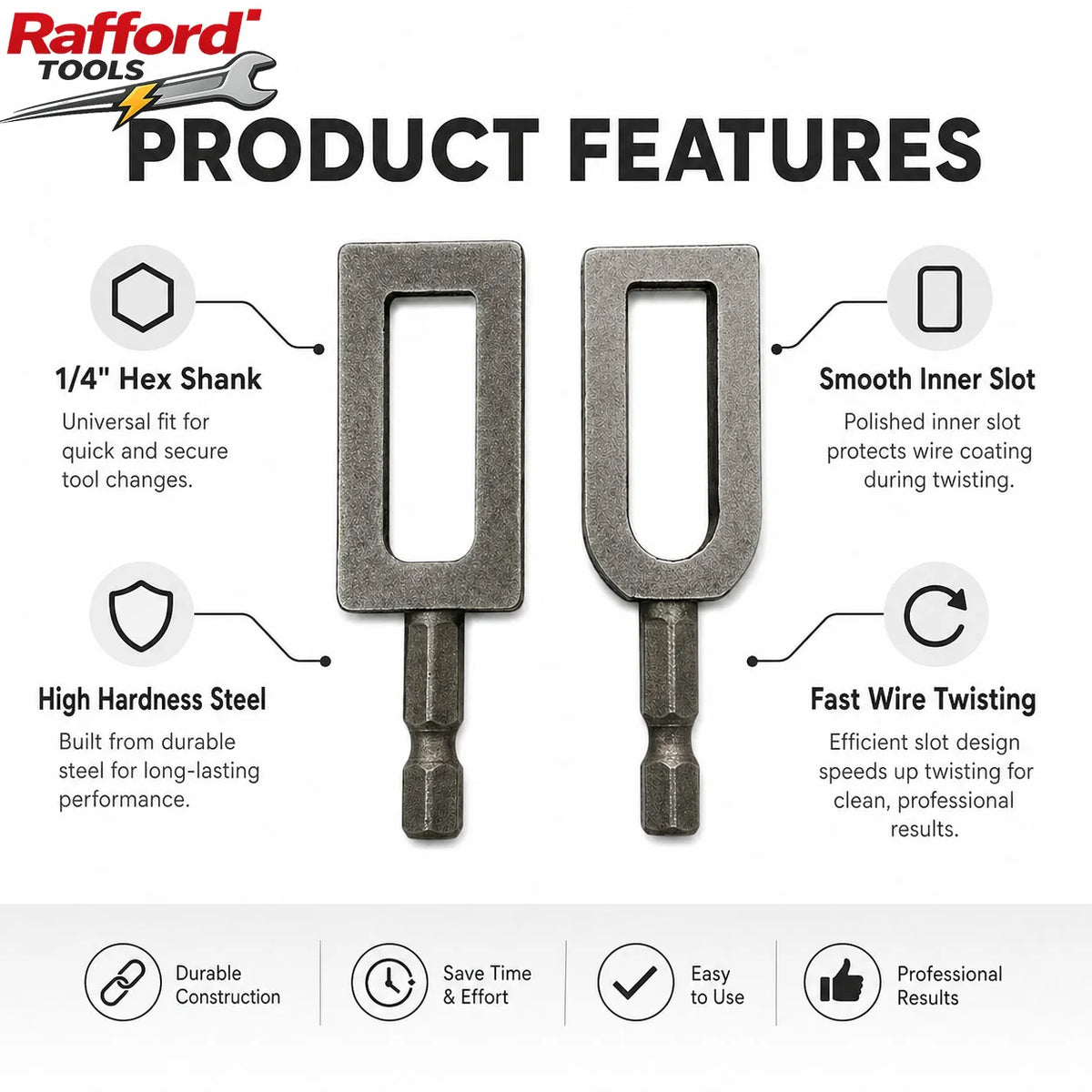 A set of gray hex shank wire twister drill attachments with features like high hardness steel and durable construction.