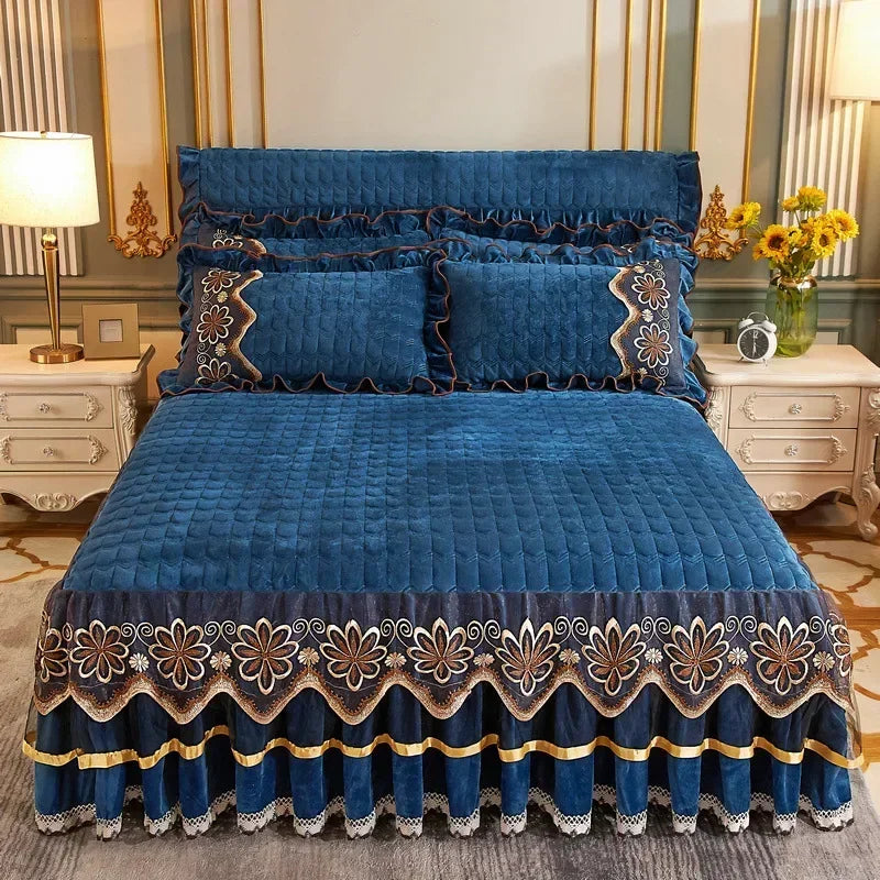 Crystal Velvet Gold Lace Bed Skirt with Anti-Slip Base