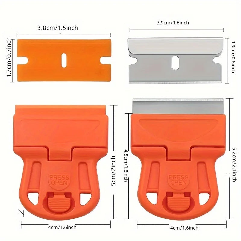 Orange plastic multi-purpose scraper tool for removing stickers, glue, and paint