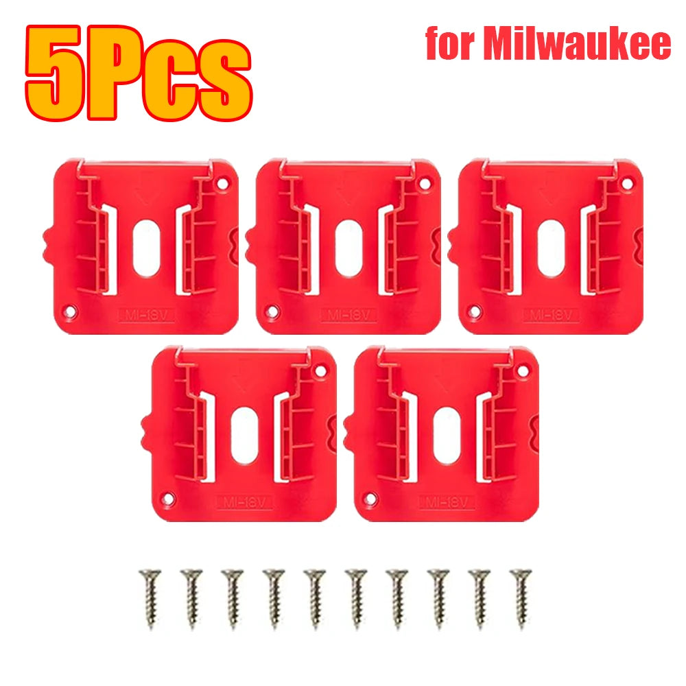 Five red plastic wall-mount battery holders with metal screws for Milwaukee power tool batteries