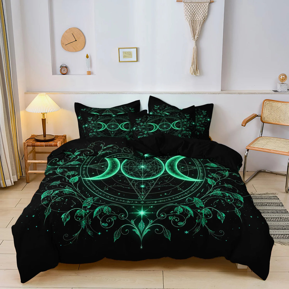 Gothic Triple Moon Starry Duvet Cover Set – Purple Botanical Mandala Bedding