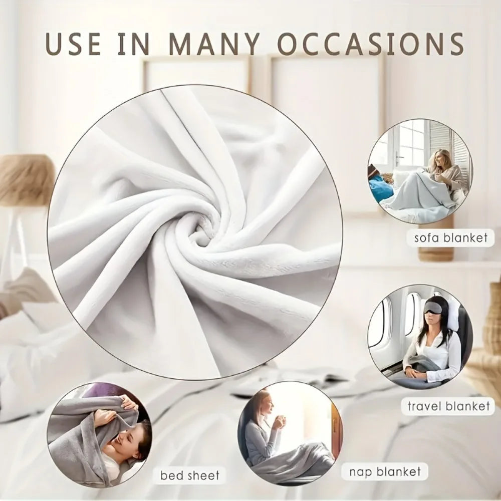Various uses of a soft flannel throw blanket including sofa, bed sheets, and travel blankets.